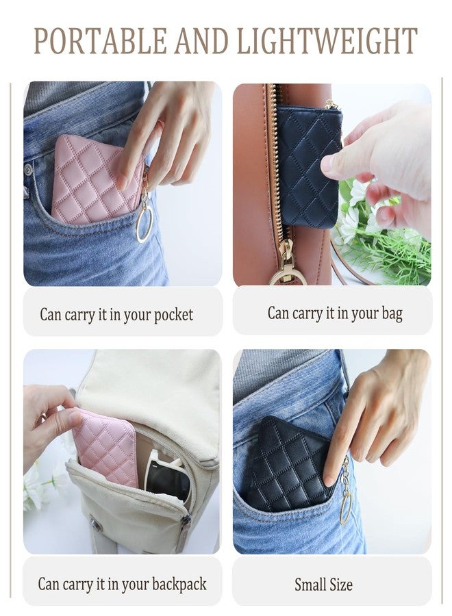 Chanseen 2Pcs Small Coin Purse for Women Mini PU Leather Zipper Change Pouch Wallet Card Holder with Key Chain for Credit Card Money Key Headset Lipstick (Black, Pink) - Image 3